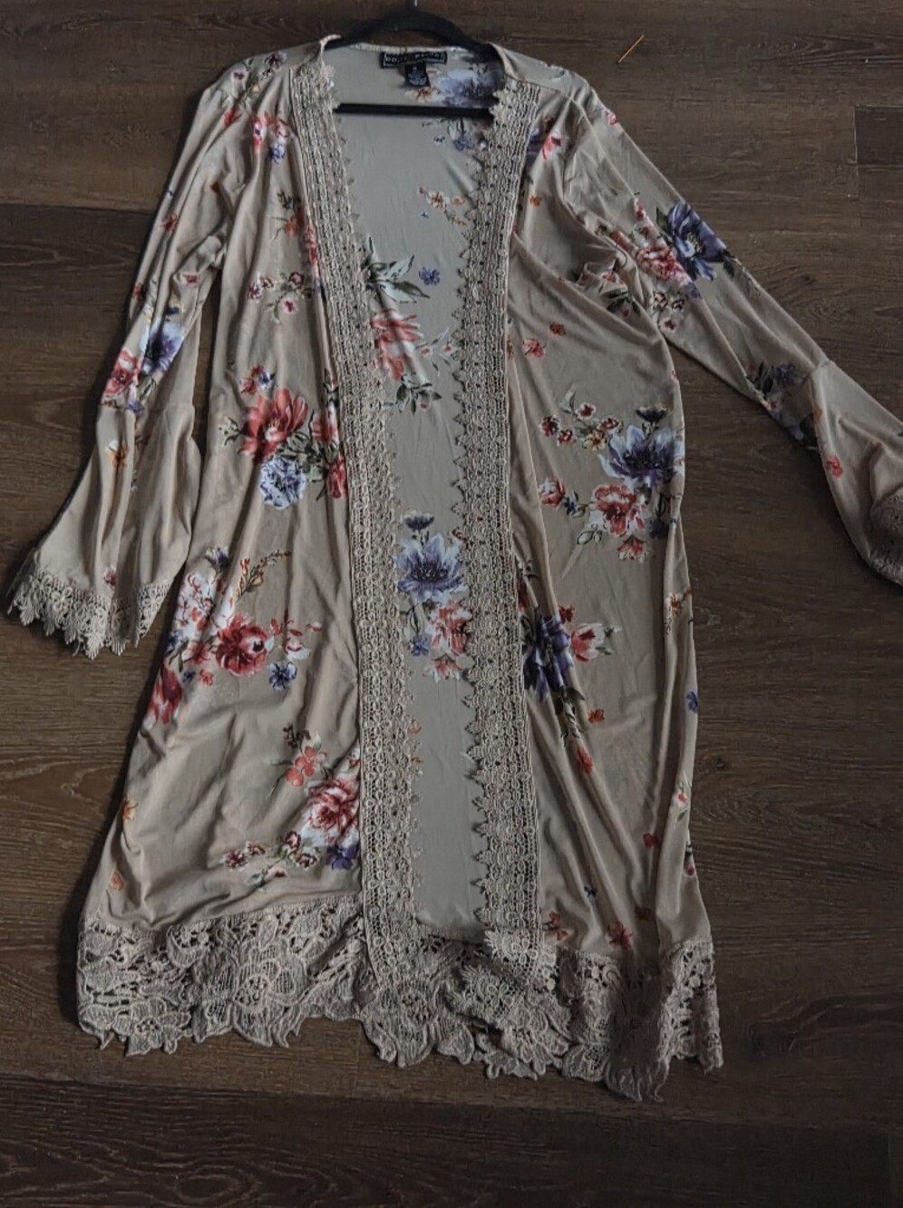 Polly & Esther Floral Long Duster Cardigan Crochet Trims Size XL